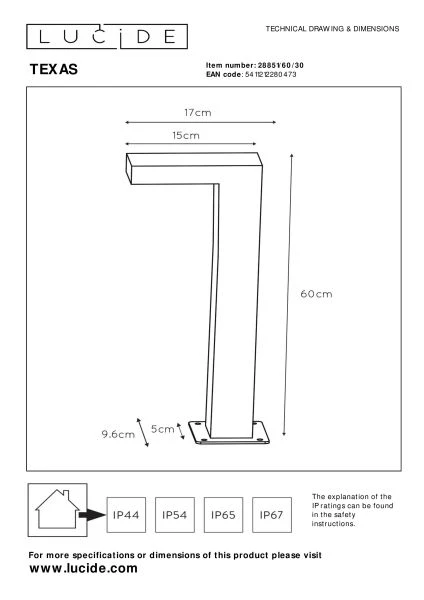 Lucide TEXAS - Borne extérieur - LED - 1x7W 3000K - IP54 - Anthracite - technique